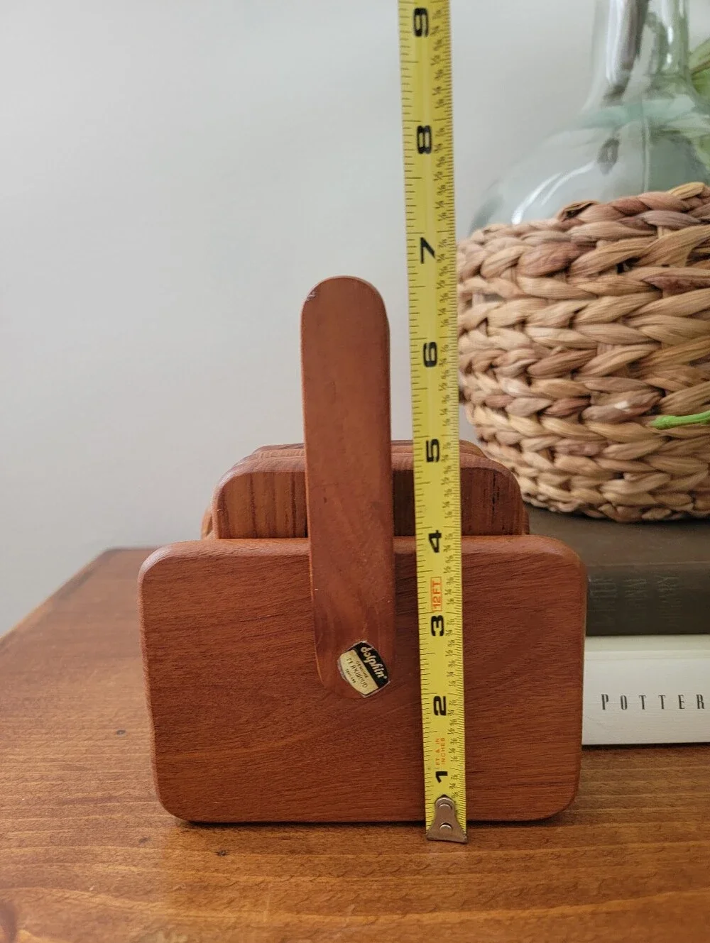 Vintage MCM Dolphin Teakwood 6 Piece Coaster Set & Caddy Mid-Century Modern